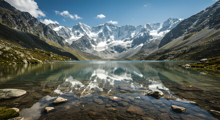 Obraz premium Reflecting Lake in Mountain Valley with Snow Capped Peaks and Clear Sky