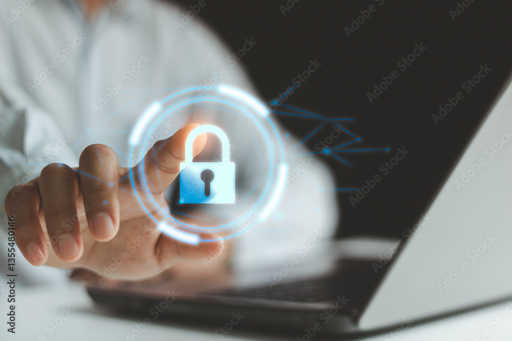 Aufkleber Cyber protection data security internet network privacy technology concept. Digital login password authentication to secure access to business data. Cyberspace connection protect hacker computer crime