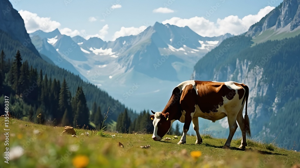 Poster a cow is grazing on a lush green field with mountains in the background.