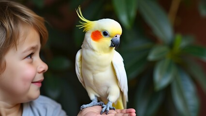 A young child is holding a yellow and white bird with a yellow crest on its head. The bird appears to be perched on the child's hand, and the child is looking at the bird with a smile.