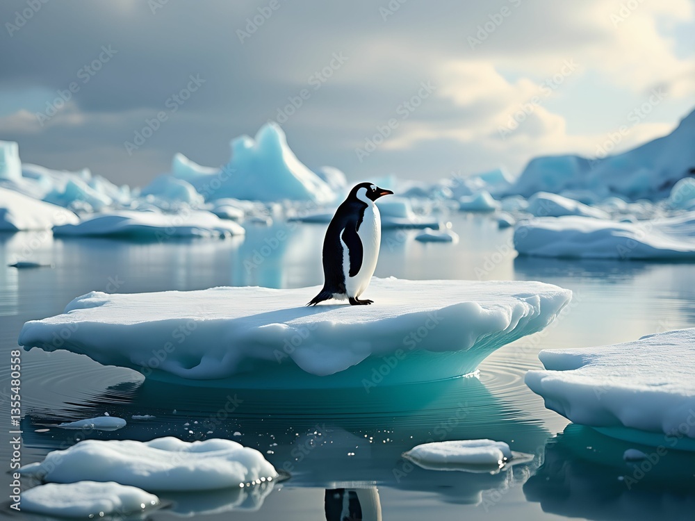 Fototapete a penguin standing on an ice floe in a glacial setting with icebergs and water in the background. The sky has a light blue hue with some clouds, suggesting a serene and cold environment typical of pol