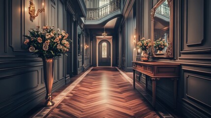 Fototapeta premium Grand Interior Hallway with Wooden Floor and Antique Furniture