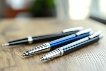 Elegant pens rest on polished wood table