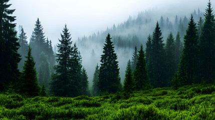 Misty Mountain Forest Landscape with Green Vegetation