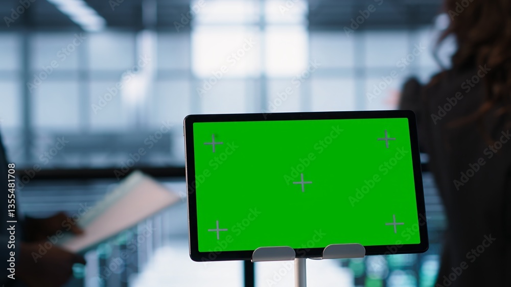 Poster focus on chroma key device in front of data center technicians analyzing metrics. close up of isolat