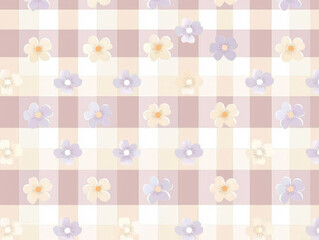 charming gingham pattern with pastel flowers creates soft, vintage feel. design features checkered background in muted tones, adorned with delicate floral motifs, perfect for textiles