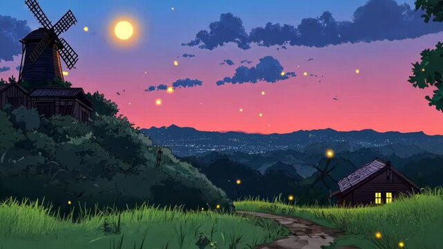 Serene sunset landscape with a windmill, fireflies illuminating the path in a tranquil countryside