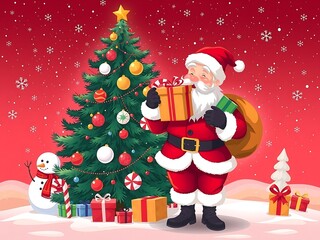 Santa Claus Holding Gifts in Front of a Christmas Tree - Festive Holiday Art, Santa Claus with Gifts, Christmas Celebration Scene, Festive Holiday Illustration, Magical Christmas Scene Santa 8K HD