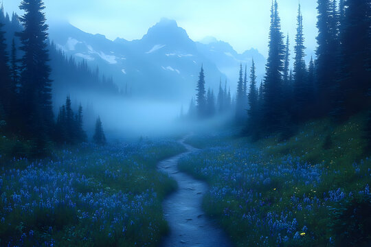 Misty Mountain Valley Path Filled With Blue Flowers