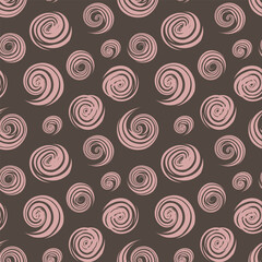 Seamless pink spiral design with dark backdrop. Modern abstract pattern in pink and brown. Decorative pink spiral texture on dark surface
