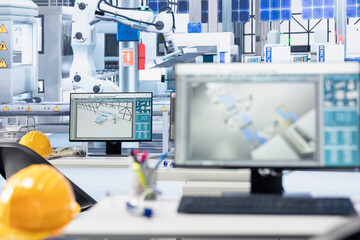 Fototapeta premium PC screen on desk in empty photovoltaics factory used for analyzing data and reviewing system metrics. Computer monitor in solar panels plant troubleshooting technical issues, diagnosing faults