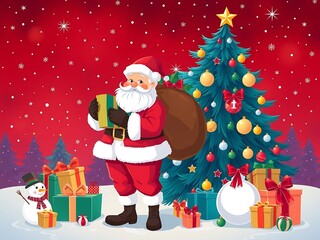 Santa Claus Holding Gifts in Front of a Christmas Tree - Festive Holiday Art, Santa Claus with Gifts, Christmas Celebration Scene, Festive Holiday Illustration, Magical Christmas Scene Santa 8K HD