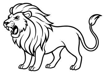 Obraz premium Roaring Lion Icon: A majestic lion, in a striking black and white illustration, showcasing its fierce roar and magnificent mane, symbolizing strength and power.