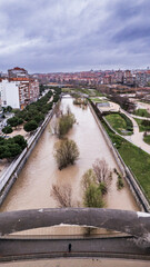 Manzanares river flooding in madrid, spain during martinho temporal, aerial view