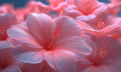 Close-up of delicate, light pink hibiscus blossoms.  Petals show fine texture and subtle color variations