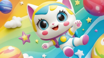 Fototapeta premium Playful Space Cat Rainbow Adventure.