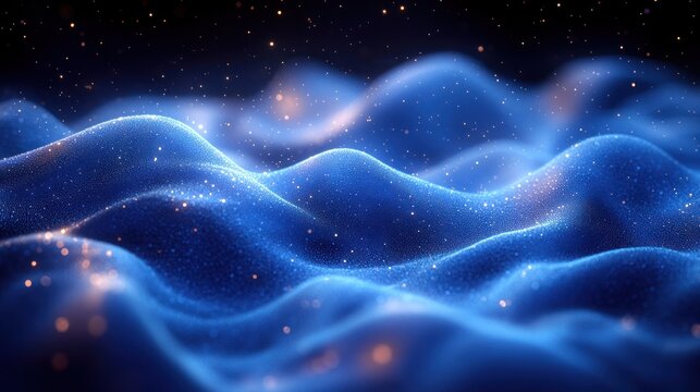 Blue particle waves sparkle under starry night sky