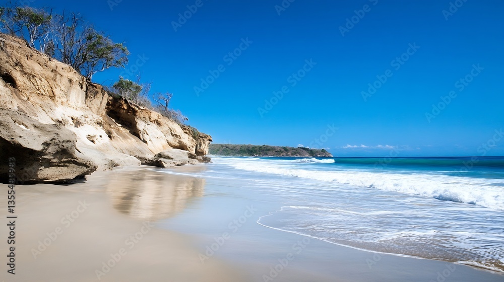 Aufkleber scenic beach view with crystal clear water and rocky cliffs under bright blue sky on a sunny day : g