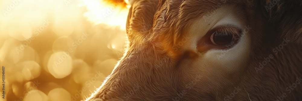 Poster close-up view of a cows face in warm sunlight with a blurred rural background showcasing soft fur te
