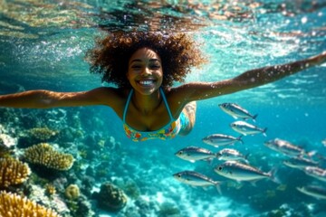 Bright commercial style image. A dense school of silver fish swims next to her. A attractive and sexy happy black young woman with curly hair with a happy face snorkeling among the corals.