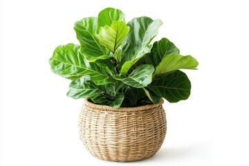 Naklejka premium A Fiddle Leaf Fig in a rattan pot features large glossy green leaves This air purifying