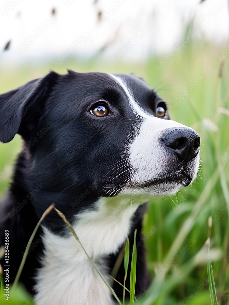 Poster charming portrait of a black and white border collie attentively gazing in a grassy field : generati