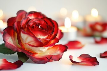 A lovely fake rose with red and white petals at the grave surrounded by glass candleholde