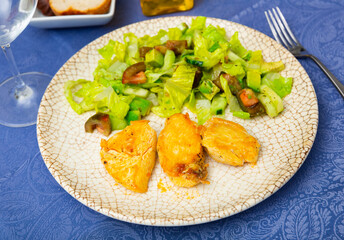 Fresh salad with chicken breast and lettuce on a plate
