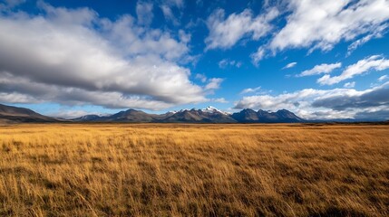 Fototapeta premium Expansive Landscape of Golden Grass Underneath a Bright Blue Sky with Dramatic Clouds : Generative AI