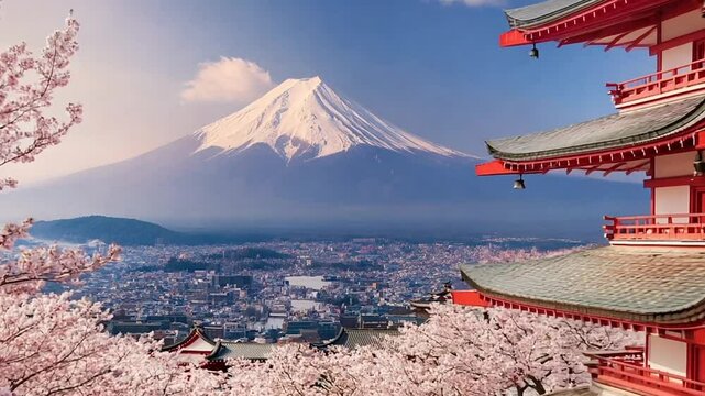 Cherry blossom in spring with pagoda and mountain