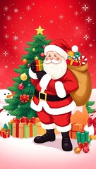 Fototapeta premium Santa Claus Holding Gifts in Front of a Christmas Tree - Festive Holiday Art, Santa Claus with Gifts, Christmas Celebration Scene, Festive Holiday Illustration, Magical Christmas Scene Santa 8K HD