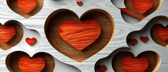 Intricate wooden hearts nested within a carved pattern, creating a 3D effect.  The warm tones and texture add depth and visual interest