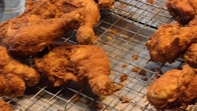 Fried chicken arranged in rows