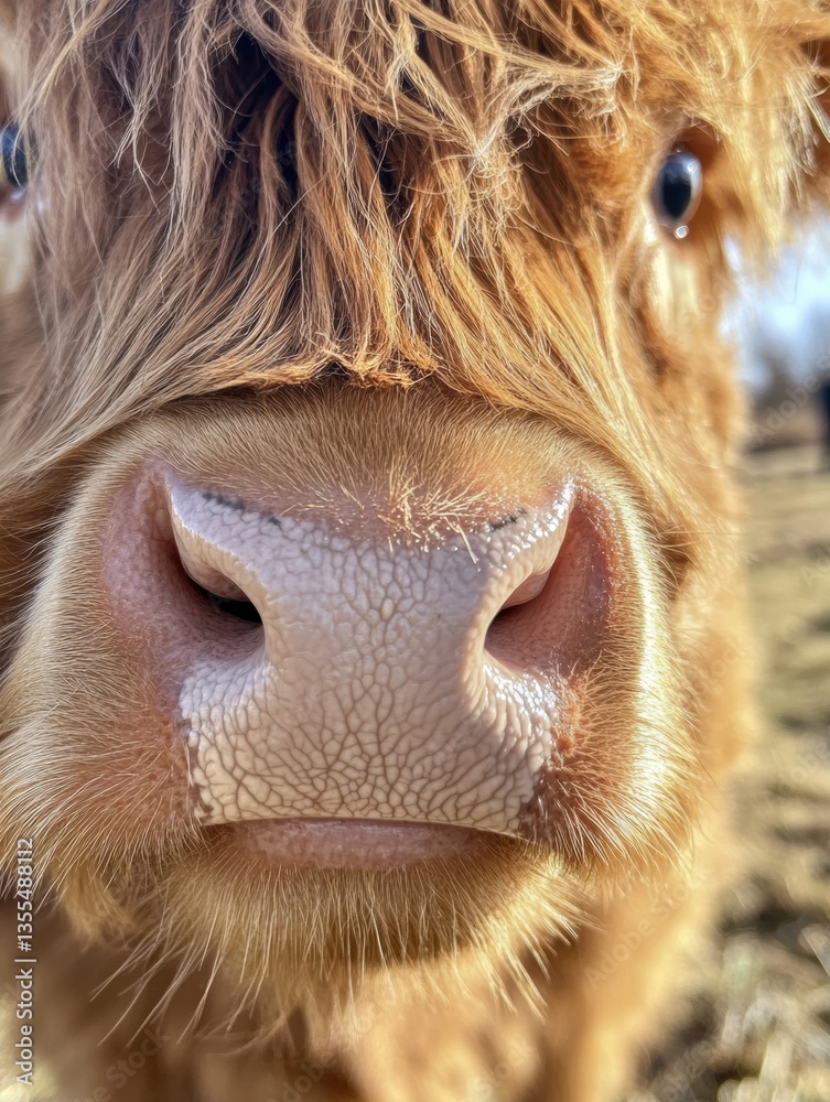 Poster close-up view of a cows face capturing soft fur textures and warm sunlight against a blurred rural b