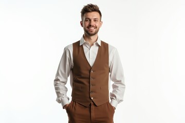 Fototapeta premium Half-Length (Waist-Up) portrait of young stylish smiling Lithuanian male model in country wear isolated on pure white background looking at camera