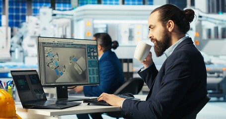 Photovoltaics factory worker monitors system performance, drinking coffee. Solar panels manufacturing plant employee enjoys beverage while using PC to track energy production and efficiency, camera B