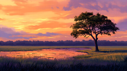 Obraz premium Solitary Tree Underneath a Dusk Sky Reflecting Repose Amidst Tranquil Meadow