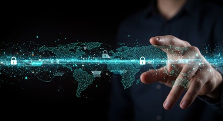 Secured global data network concept with digital safety protocol display