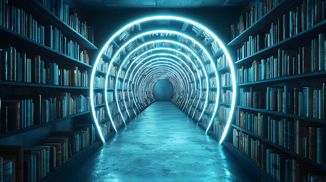 A futuristic library tunnel with glowing arcs. Ideal for fantasy art book covers or immersive game environments. Evokes mystery and knowledge within a vibrant setting.