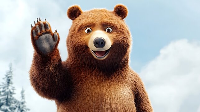 A friendly animated brown bear waves with a smiling expression