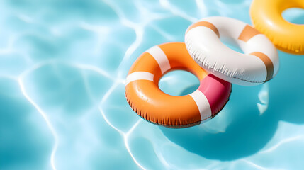 Orange White Pink Inflatable Rings Floating in a Blue Pool