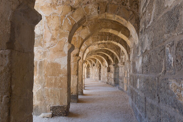 Panorama of the well-preserved Roman theatre in Aspendos in Antalya, Turkey