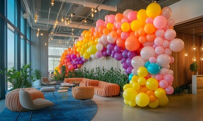Vibrant balloon arch decorates modern lounge