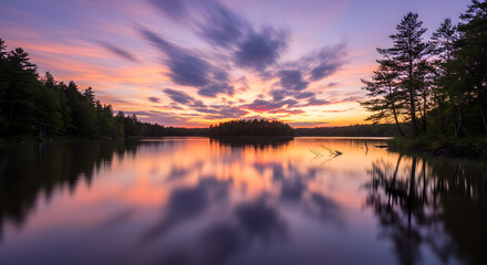 Fototapeta premium Reflecting Lake Landscape at Sunset with Dramatic Clouds and Forest