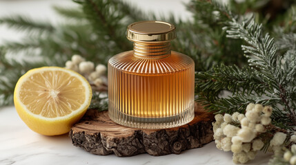 Elegant perfume bottle displayed with lemon slice and greenery elements, showcasing a refreshing and aromatic essence