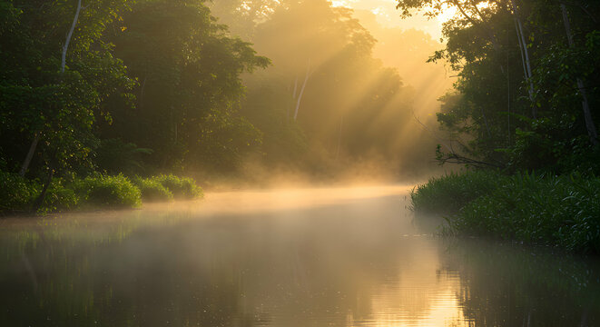 Misty River Flowing Through Dense Forest with Golden Sunlight Rays
