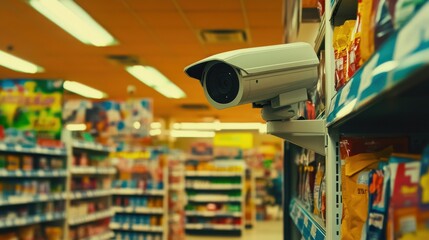 Surveillance Camera Mounted on Shelf in Grocery Store Aisle with Snacks and Products on Display