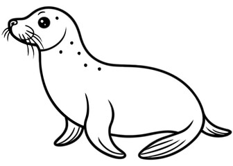 Playful Seal: A charming black and white illustration of a playful seal, capturing its friendly expression and streamlined form.