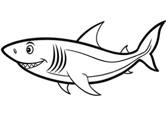 Fototapeta premium Simplified Shark Illustration: A black and white illustration of a shark, its sleek body and sharp teeth displayed in a simplified, cartoonish style. 