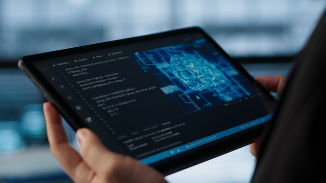 Programmer in data center using AI on tablet, verifying compliance requirements of supercomputers. Server hub worker optimizing resource utilization using device, camera A close up